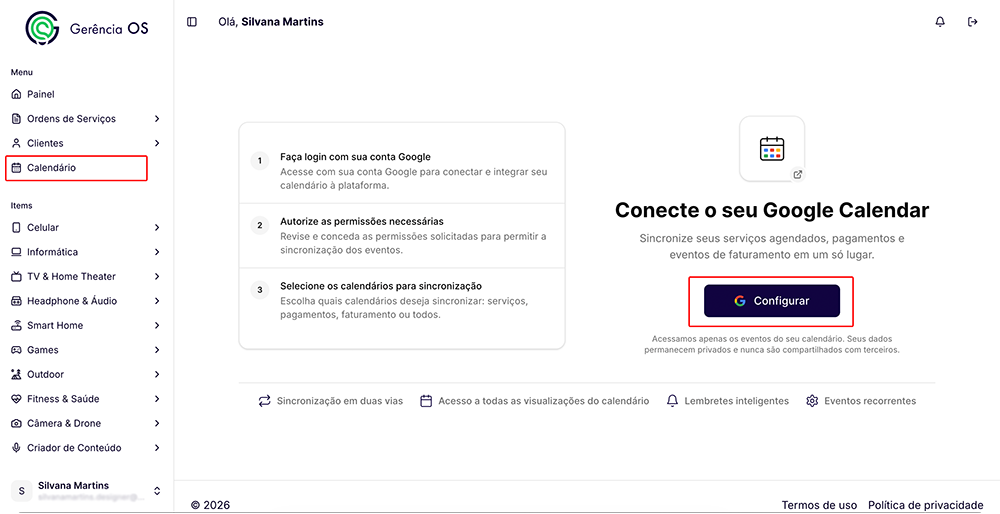 Tela de integração com o calendário do Gerência OS.