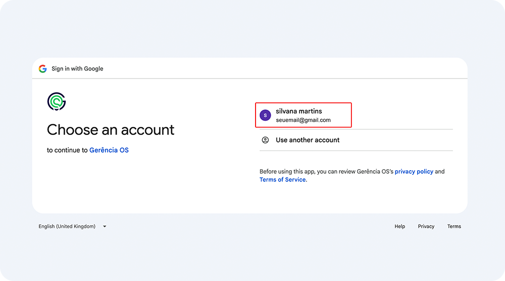 Tela de seleção da conta Google para integração com o calendário do Gerência OS.