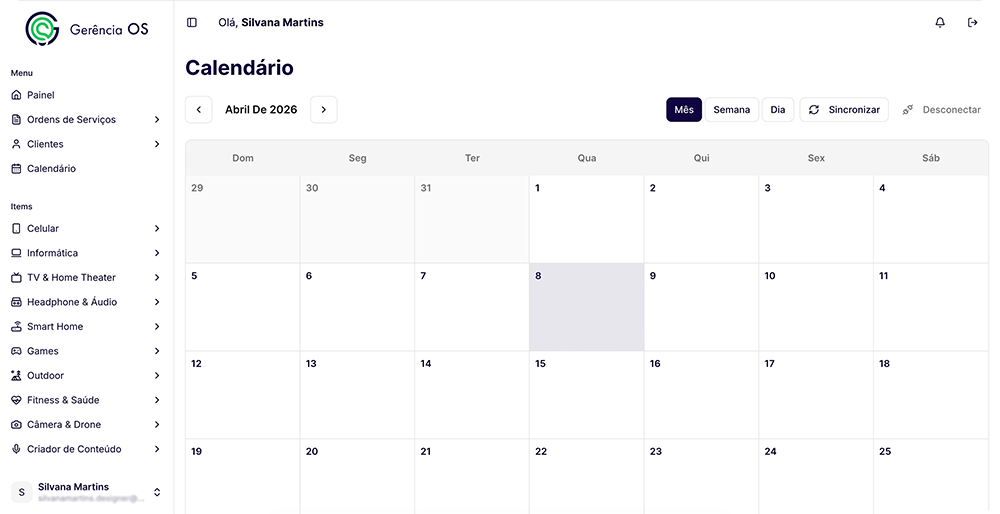 Tela do calendário do Gerência OS.