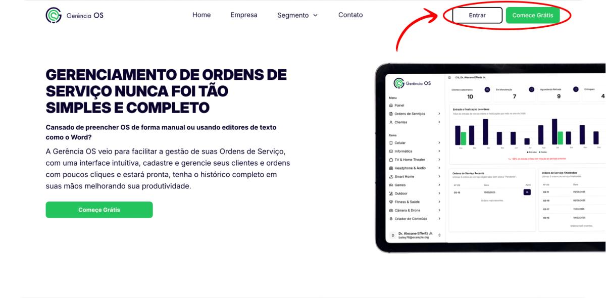 Tela da página inicial do site Gerência OS.
