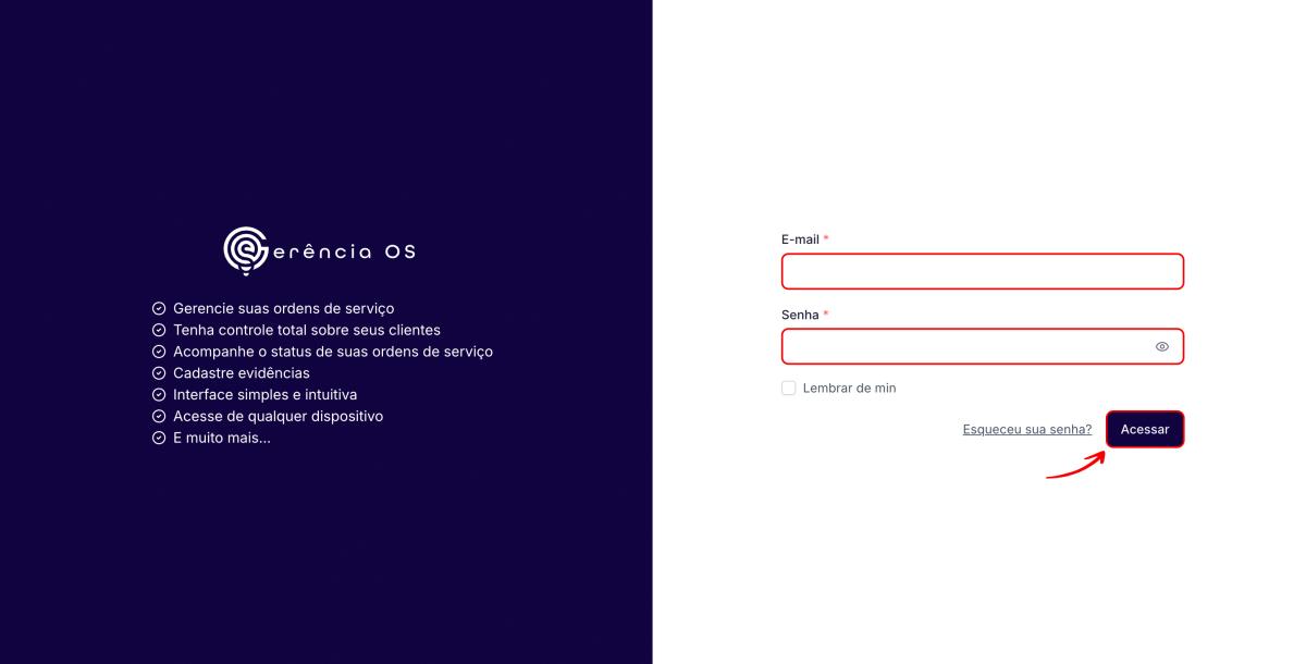 Tela de login do sistema Gerência OS.