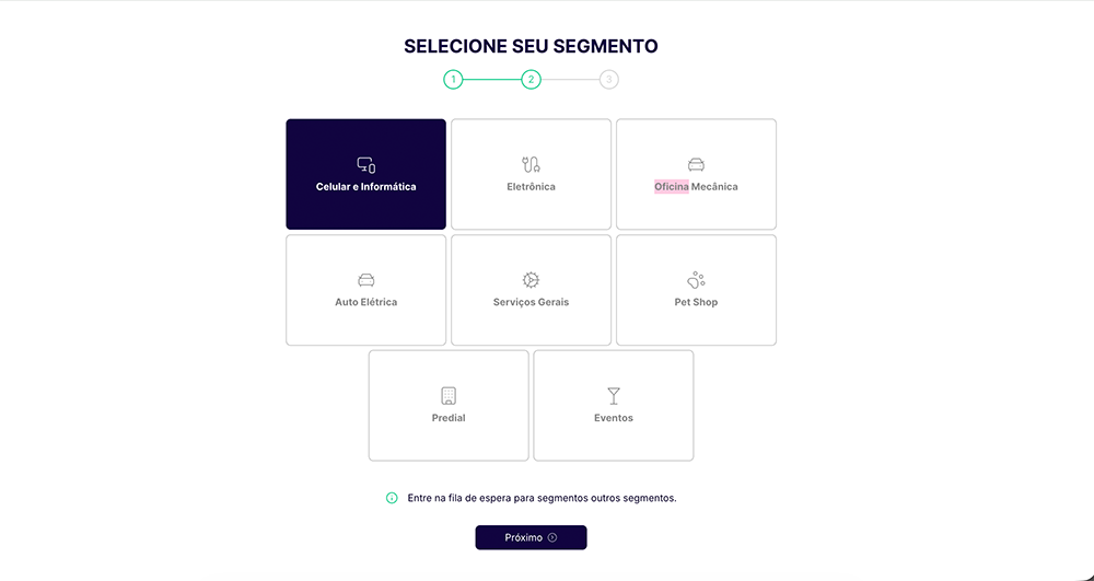Tela para a escolha do segmento do sistema Gerência OS.