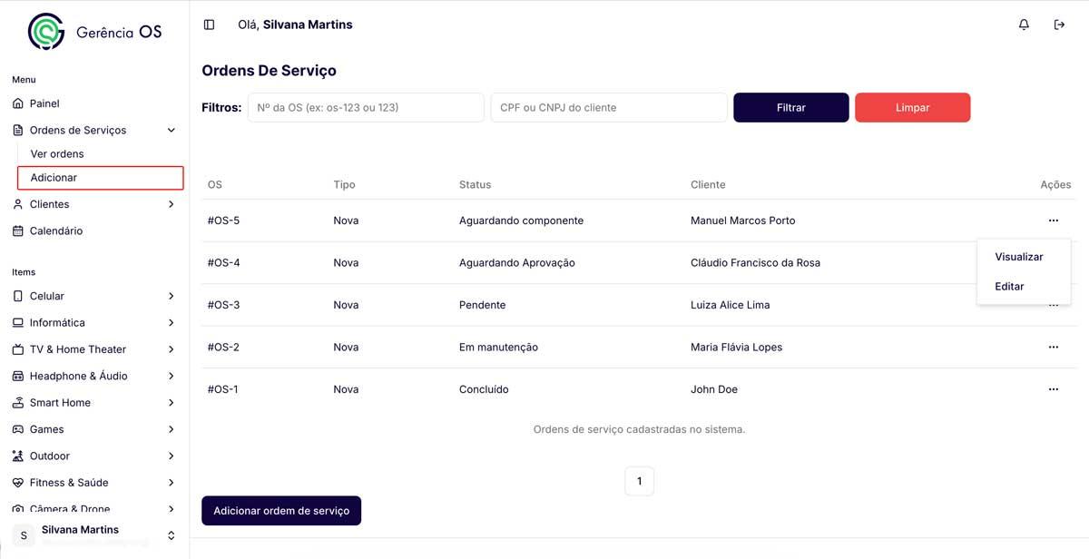 Tela de adicionar ordem do sistema de Gerência OS.