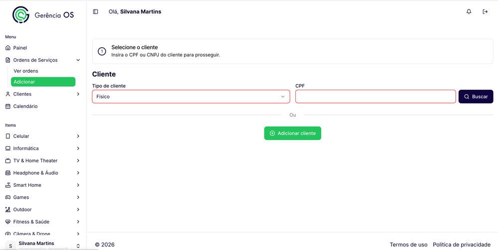 Tela de buscar cliente existente do sistema de Gerência OS.