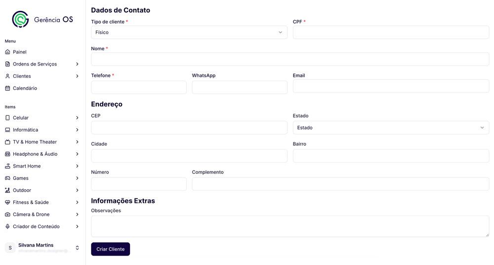 Tela de cadastrar novo cliente sistema de Gerência OS.