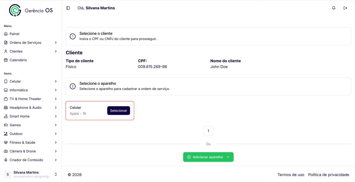 Tela de selecionar aparelho existente no sistema de Gerência OS.