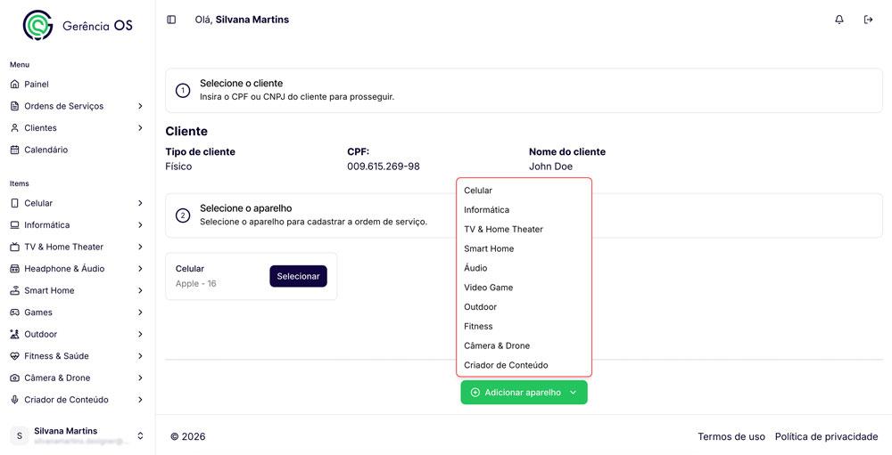 Tela de adicionar novo aparelho no sistema de Gerência OS.