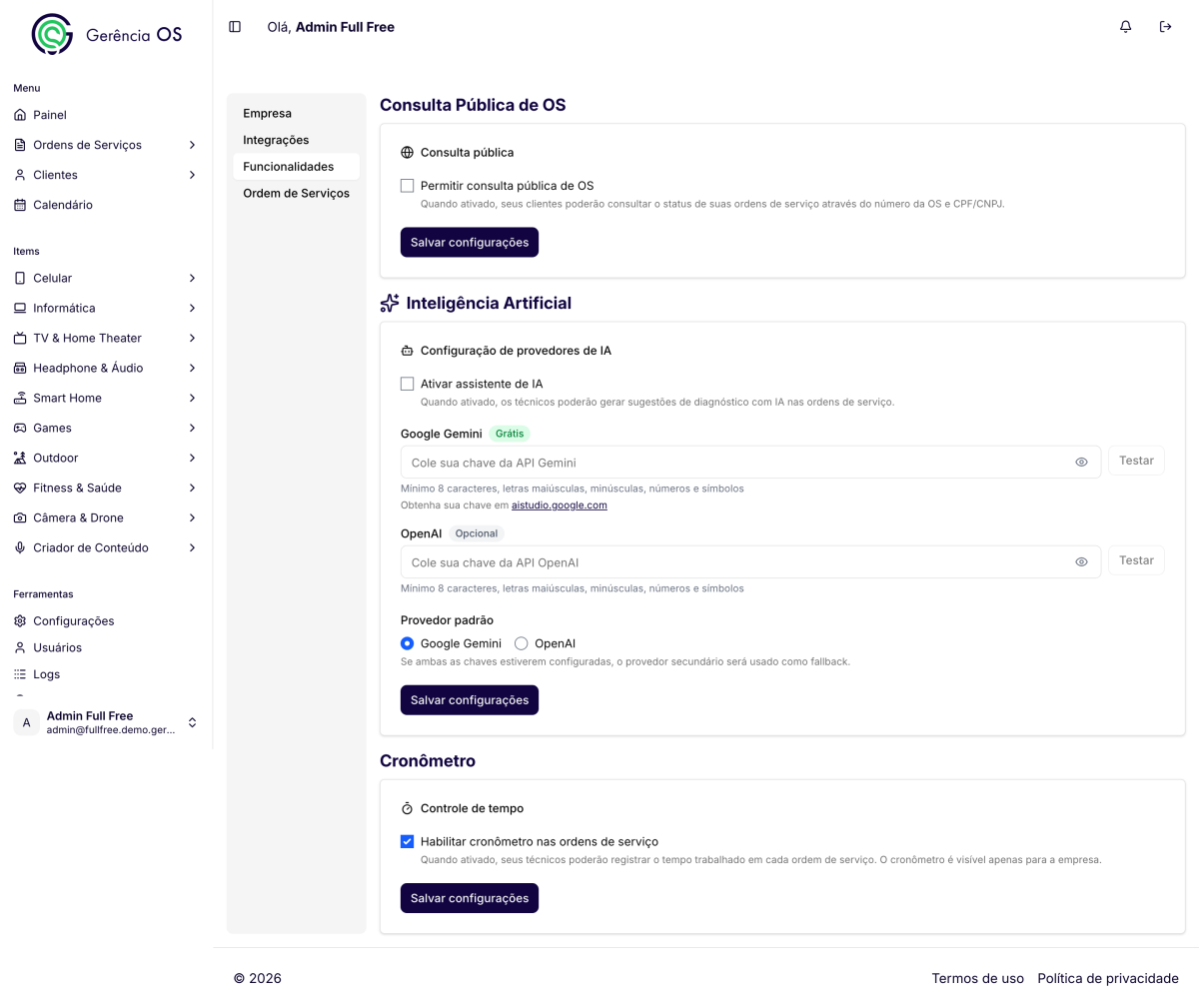 Tela de configuração da inteligência artificial do sistema da Gerência OS.