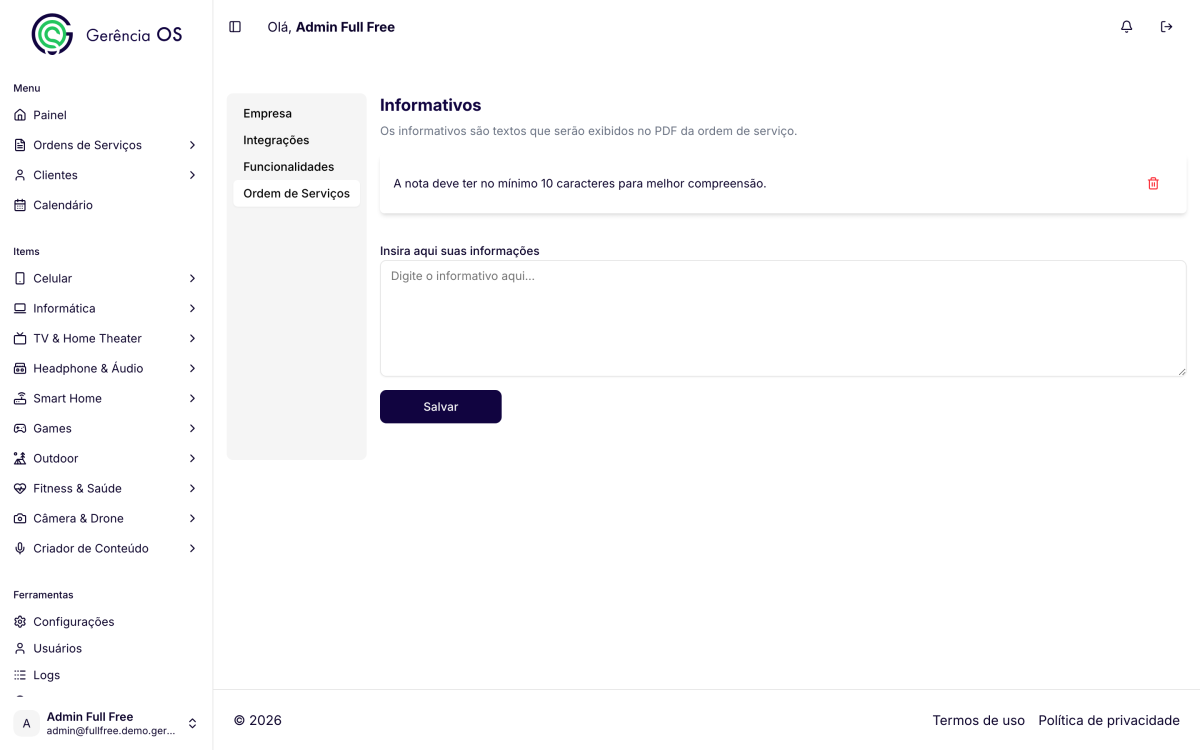 Tela de informativos da ordem de serviço do sistema da Gerência OS